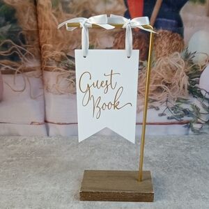 🏠 Gold and White Guest Book Sign with Stand